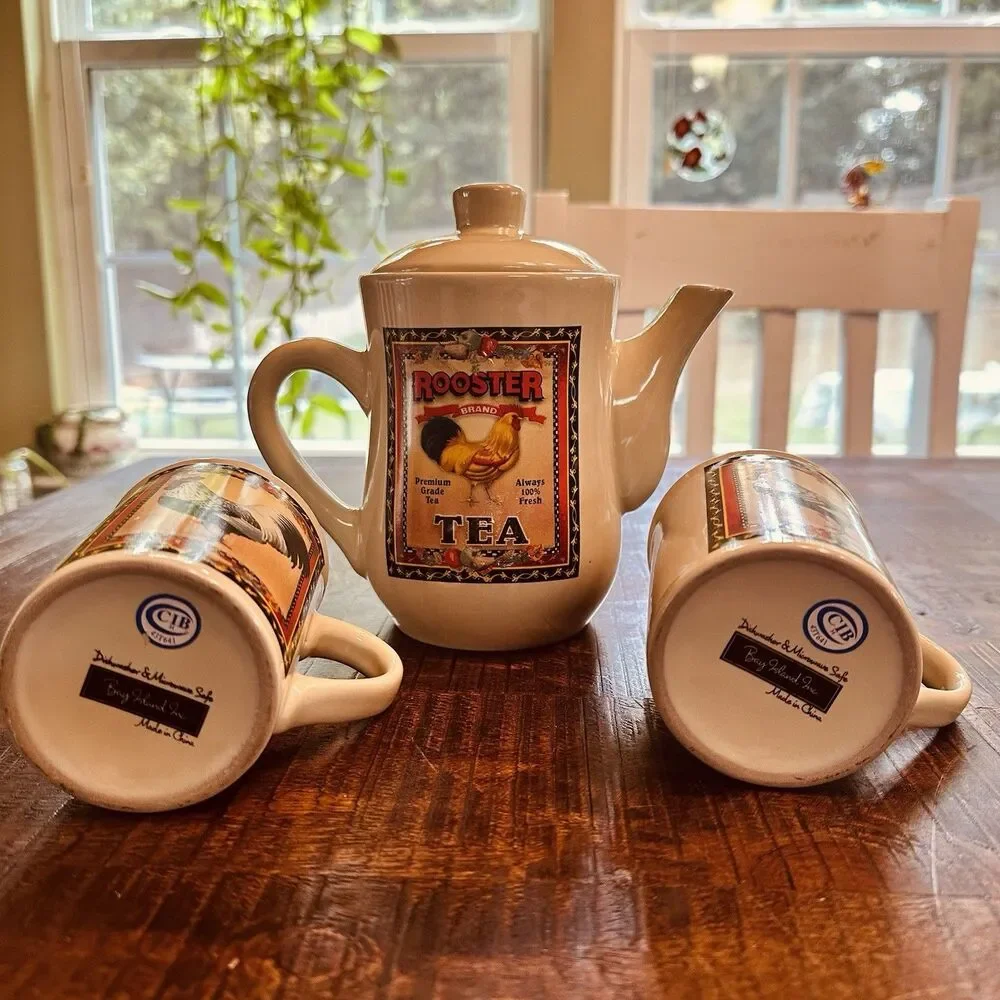 Bay Island Inc. Rooster Brand Ceramic Tea Set-Teapot with Lid & 2 Matching Mugs
